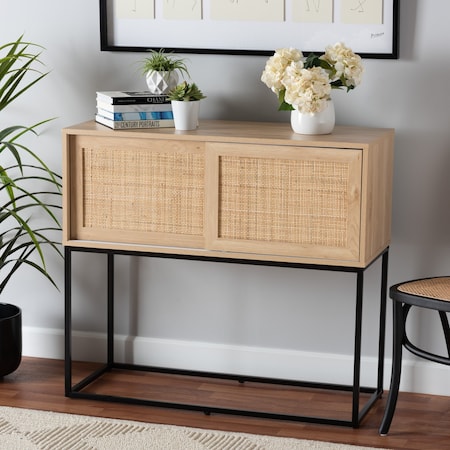 Baxton Studio Amelia MidCentury Transitional Natural Brown Finished Wood and Natural Rattan Sideboard Buffet 221-12468-ZORO